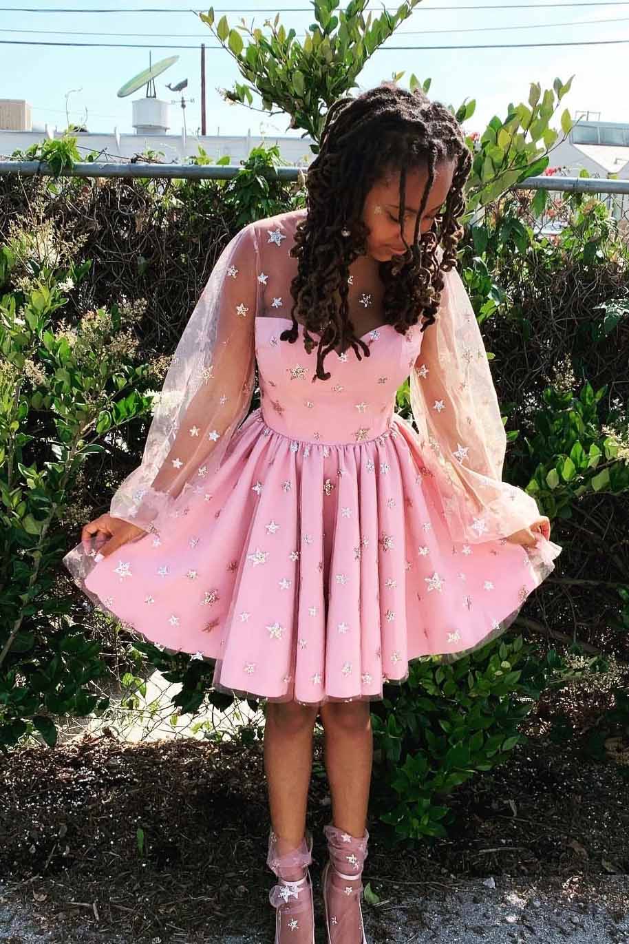 Starry Night Pink Sweet 15 Dress Glitter Star Long Sleeves Homecoming Dress OM209