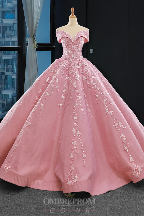 Princess Pink Ball Gown Off-the-Shoulder Appliques Prom Dress OP793