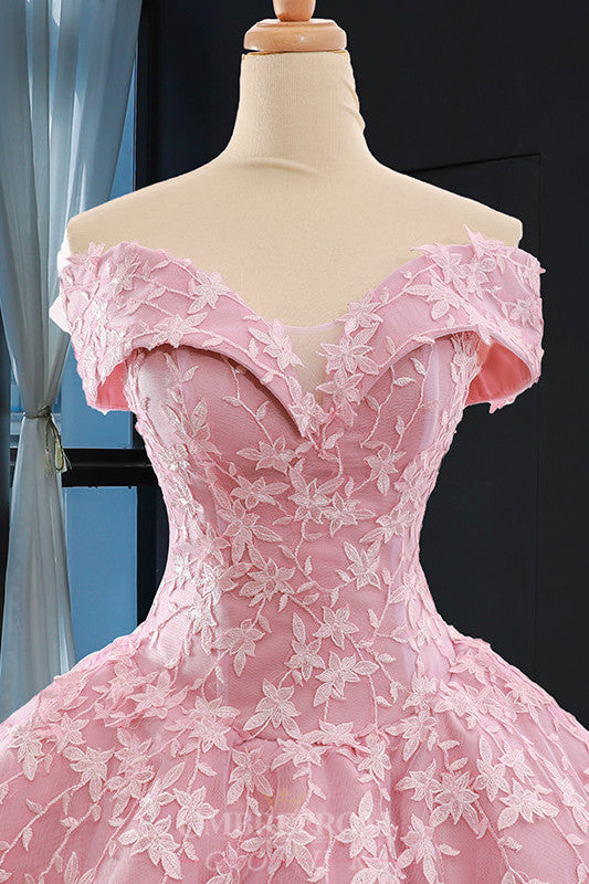 Princess Pink Ball Gown Off-the-Shoulder Appliques Prom Dress OP793