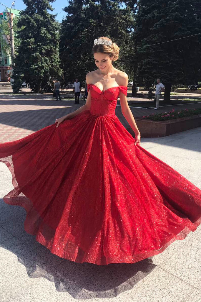 Sparkly Off Shoulder Red Long Prom Dress Glitter Evening Dresses PO010