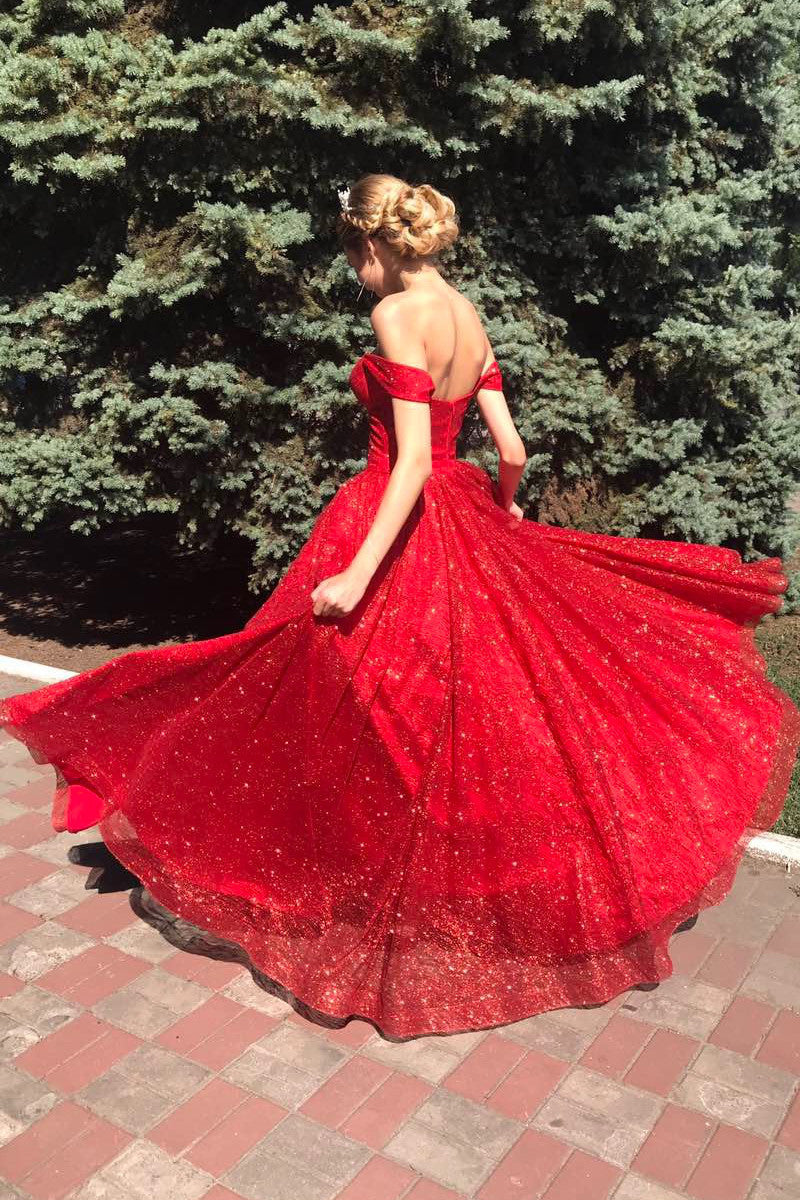 Sparkly Off Shoulder Red Long Prom Dress Glitter Evening Dresses PO010