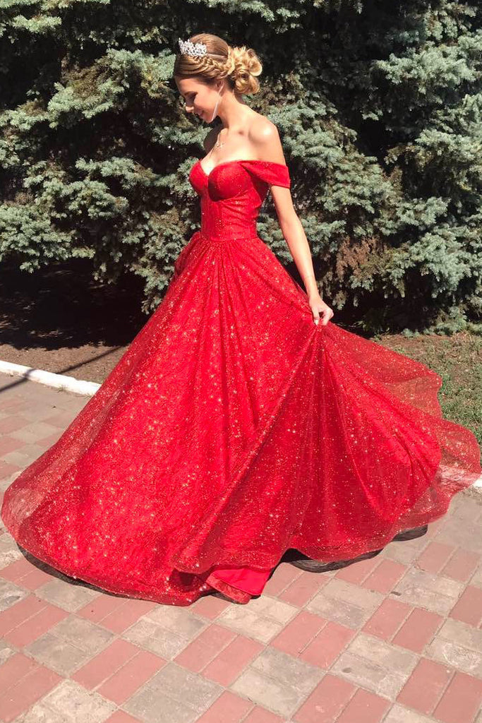 Sparkly Off Shoulder Red Long Prom Dress Glitter Evening Dresses PO010