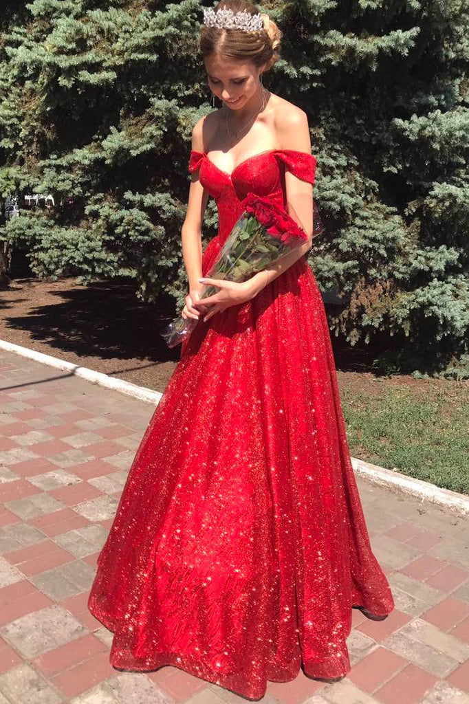 Sparkly Off Shoulder Red Long Prom Dress Glitter Evening Dresses PO010