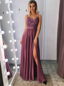 Spaghetti-straps A-line Long Prom Dress, Evening Gown With Slit OP754