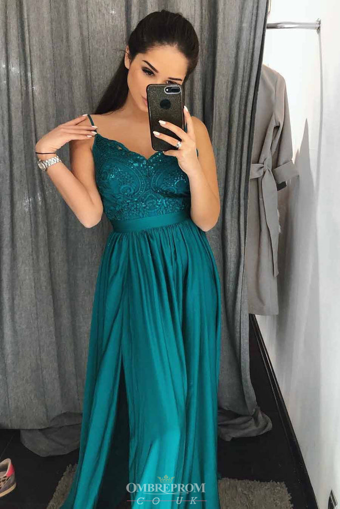 Sexy Emerald Green A-line Spaghetti Long Prom Evening Dresses OP756