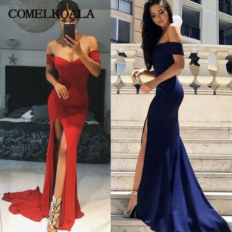 Sexy Off Shoulder Mermaid Sleeveless Dark Blue Evening Dress With Split OP865