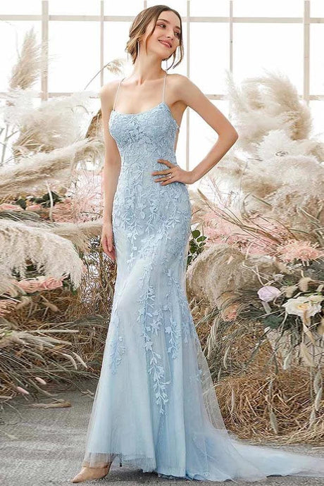 Sky Blue Long Mermaid Lace Appliques Prom Dresses Evening Party Dress OP930