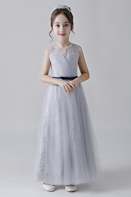 A-Line Grey Sleeveless Tulle Flower Girl Dress With Beading