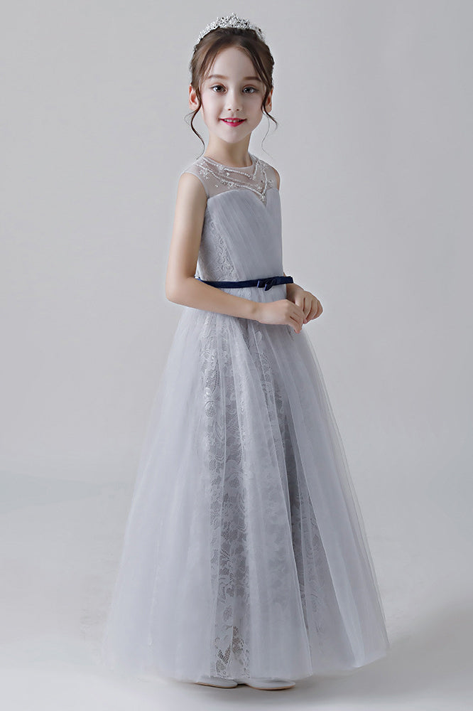 A-Line Grey Sleeveless Tulle Flower Girl Dress With Beading