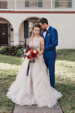 Ball Gown Sexy Deep V-Neck Beaded Bodice Rustic Wedding Dress W711