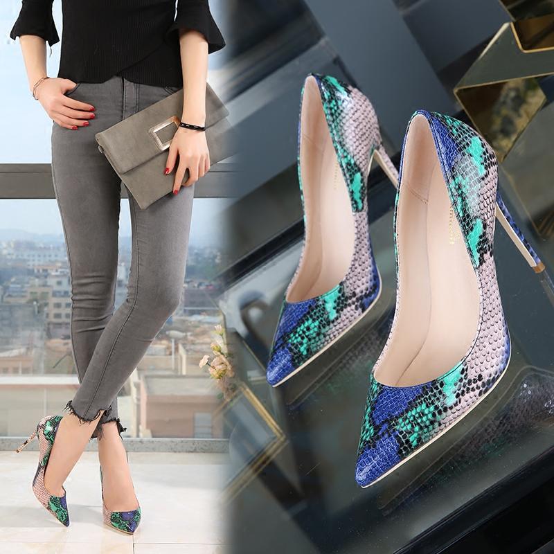 High-heels with multi-colored snakeskin pattern, Fashion Evening Party Shoes, yy03